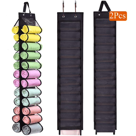 Bevtee Leggings Organizer,24 Pocket Hanger Organizer, Foldable Closets Roll Holder for Leggings, Shirts, and Jeans, Black