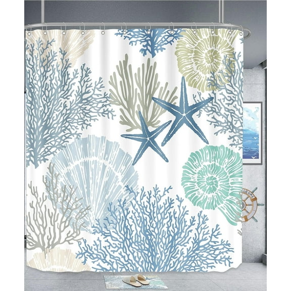 Bevtee Nautical Shower Curtain, Bathroom Fabric Shower Curtain Sets, Ocean Seashell Coral Shower Curtain with 12 Hooks , Beige, 72” x 72”