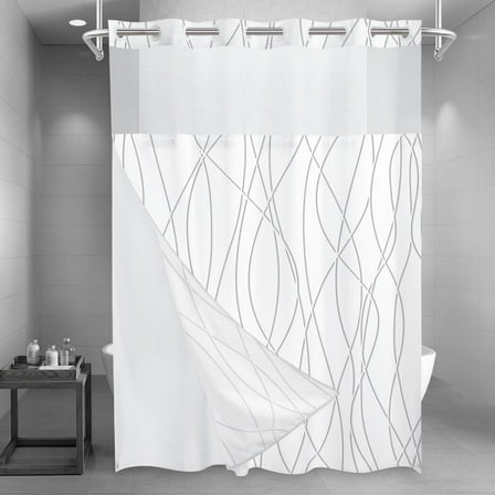 Bevtee No Hook Fabric Shower Curtain with Snap in Liner, Waterproof Grey White Striped Bathroom Curtains, Mesh Window, 71"X74"