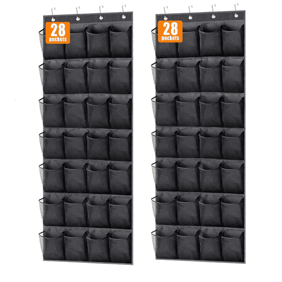 Bevtee Over The Door Shoe Organizer, 2 Pack Hanging Shoe Organizer with Hooks, 28 Large Mesh Pockets, Black