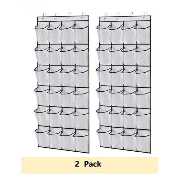Bevtee Over the Door Shoe Organizer, 24 Mesh Pocket Back of Door Shoe Organizer With Hooks ,White and Black, 2 Pack