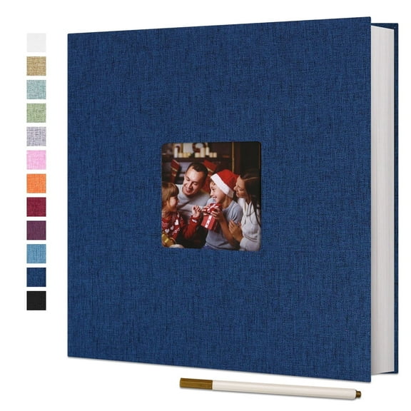 Bevtee Photo Album Self Adhesive 4x6 8x10 DIY Picture Scrapbook, 40 Pages Linen Cover with Display Window, with Pen, for Moms, Families, Babies, and Weddings, Blue