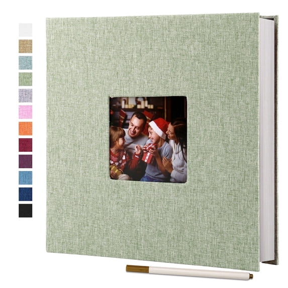 Bevtee Photo Album Self Adhesive 4x6 8x10 DIY Picture Scrapbook, 40 Pages Linen Cover with Display Window, with Pen, for Moms, Families, Babies, and Weddings, Grass Green