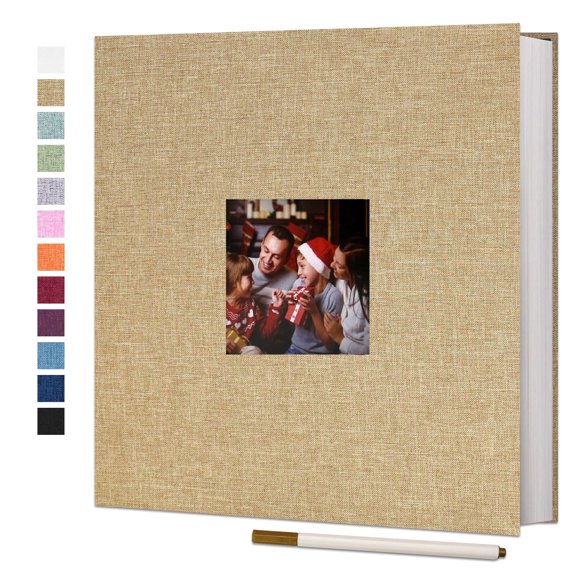 Bevtee Photo Album Self Adhesive 4x6 8x10 DIY Picture Scrapbook, 40 Pages Linen Cover with Display Window, with Pen, for Moms, Families, Babies, and Weddings, Khaki