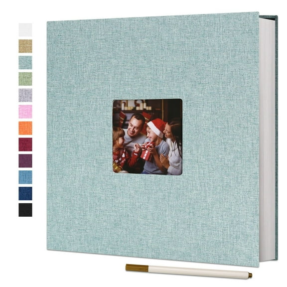 Bevtee Photo Album Self Adhesive 4x6 8x10 DIY Picture Scrapbook, 40 Pages Linen Cover with Display Window, with Pen, for Moms, Families, Babies, and Weddings, Turquoise