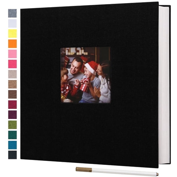 Bevtee Photo Album Self Adhesive 4x6 8x10 DIY Picture Scrapbook, 60 Pages Linen Cover with Display Window, with Pen, for Moms, Families, Babies, and Weddings, Black