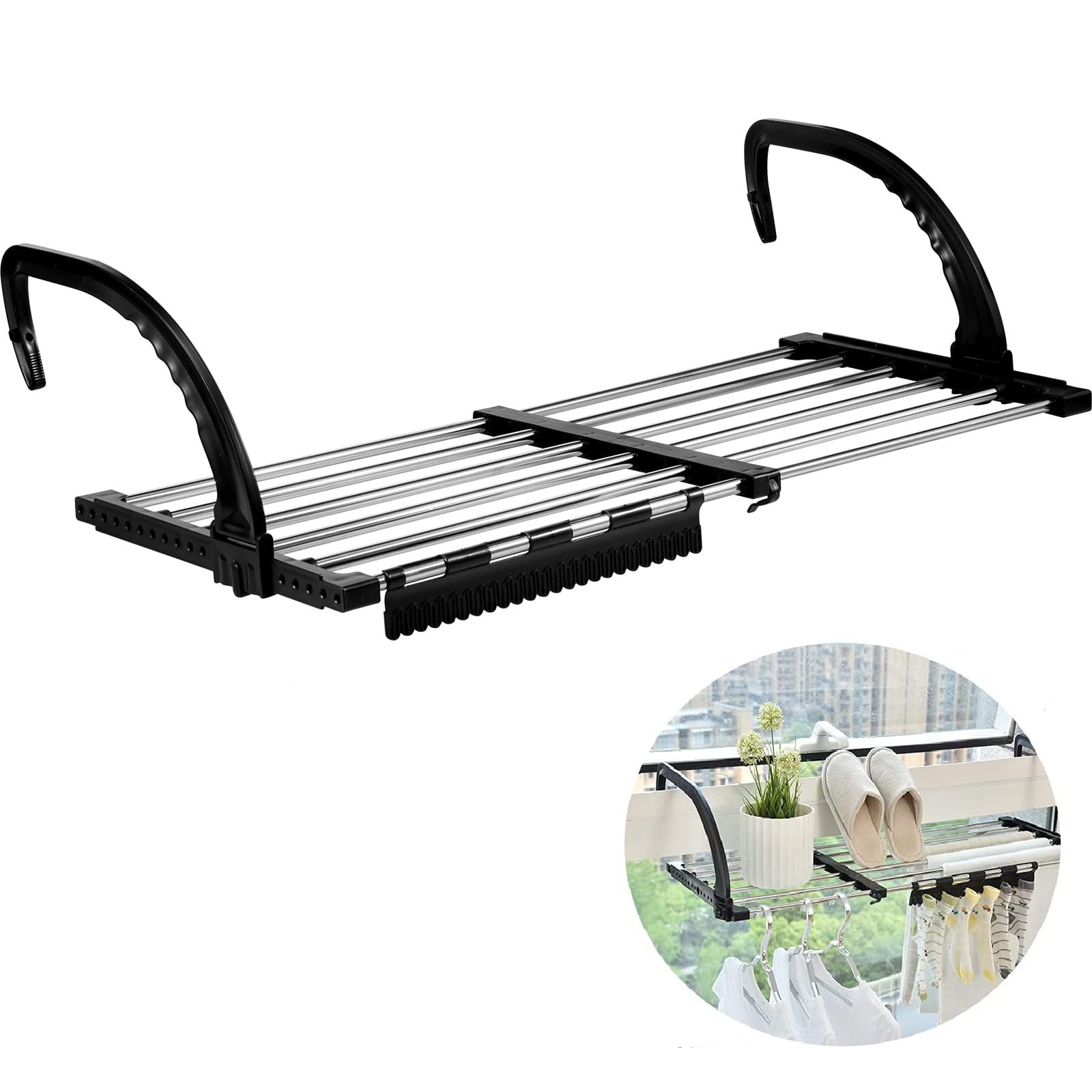 Bevtee Portable Clothes Drying Rack, over The Door Towel Rack with Clips Indoor Outdoor, Foldable Railings, Stainless Steel and Plastic, 29"x13"