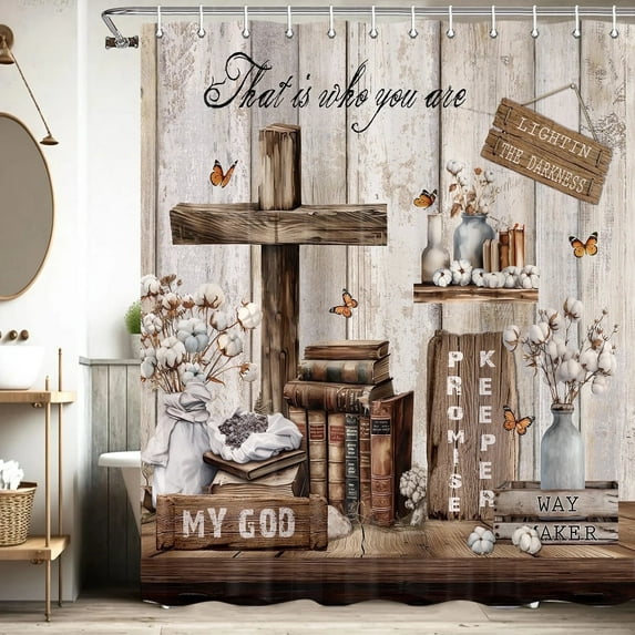 Bevtee Rustic Farmhouse Floral Shower Curtain, Waterproof Fabric Cross Bible Verse Bathroom Shower Curtain with 12 Hooks, 72 x 72 Inch