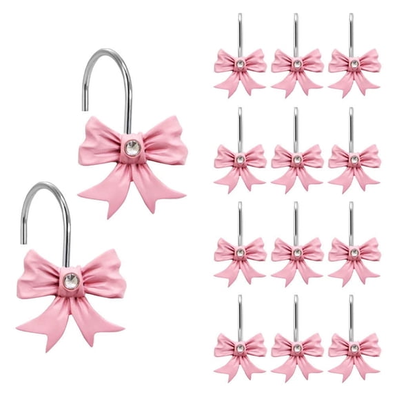 Bevtee Shower Curtain Hooks, 12 PCS Pink Bow Knot Curtain Rings, Metal Shower Hooks for Bathroom