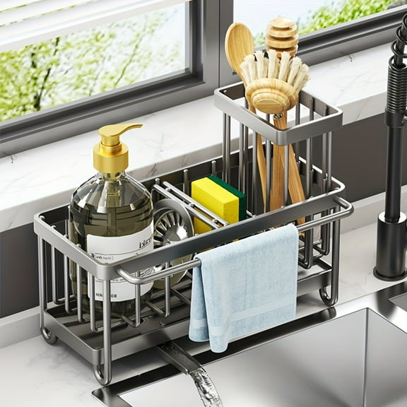 Bevtee Sink Caddy, Sponge Holder for Kitchen Sink, Kitchen Organizer, Stainless Steel Kitchen Accessory, Black