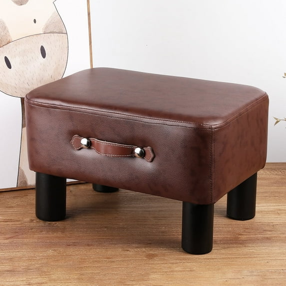 Bevtee Small Foot Stool, Foot Stool Rest with Handle, Storage Ottoman, Faux Leather Padded Step Stool, for Living Room, Desk, Brown