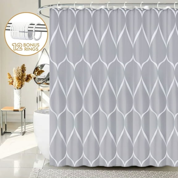 Bevtee Wavy Print Shower Curtain with 12 Hooks, Gray Fabric Bathroom Curtain Set, Weighted Hem, Mildew Resistant, 72" x 72"
