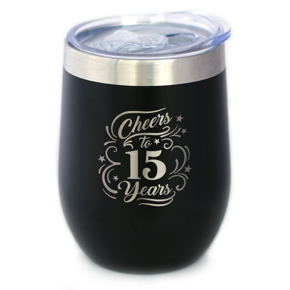 Bevvee Insulated Wine Tumbler 12 oz Cheers 15 Years Gifts for 15th Anniversary Celebrations Tumblers