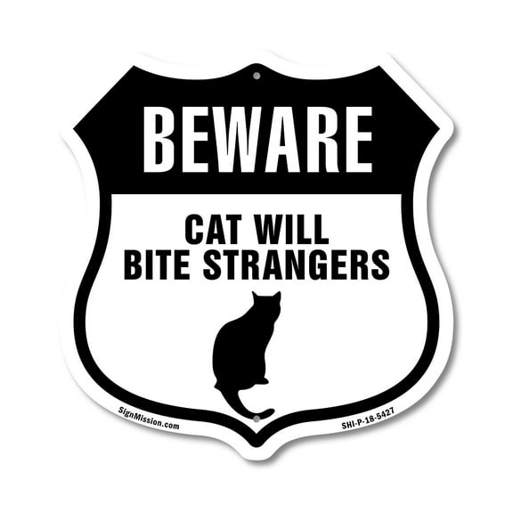 Beware Cat Will Bite Strangers 12 inch X 12 inch Shield-Shaped Rust-Free Aluminum Metal Sign Weather Resistant Made in the USA