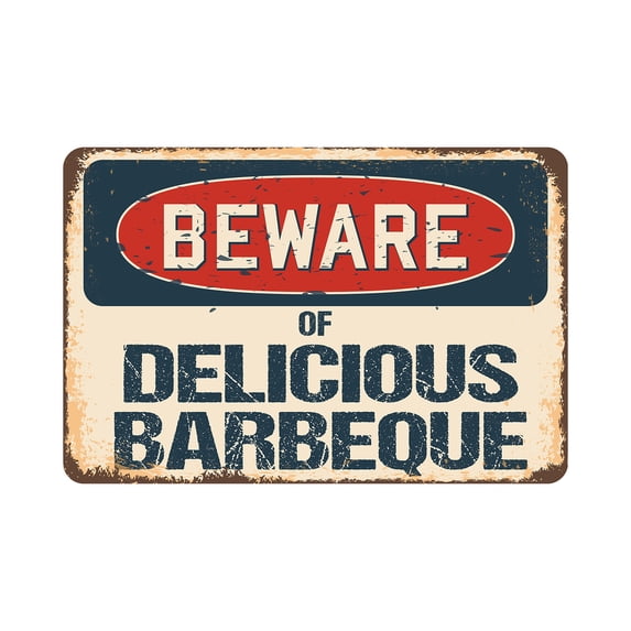 Beware Of Delicious Barbeque Rustic Sign | Rustic, Distressed Vintage Look | Aluminum Sign | Indoor/Outdoor | Funny Home Décor for Garages, Living Rooms