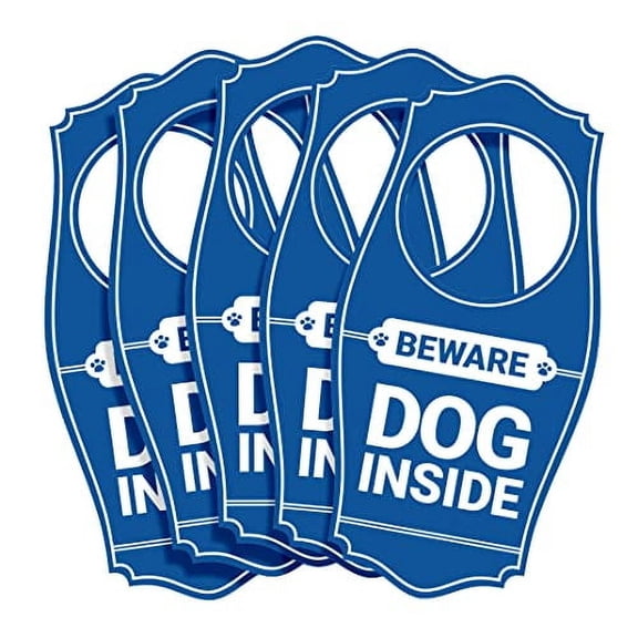 Beware Dog Inside Door Hanger - Blue, 4" x 8" (5 Pack)