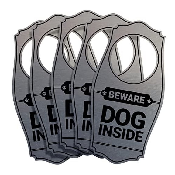 Beware Dog Inside Door Hanger - Brushed Silver, 4" x 8" (5 Pack)