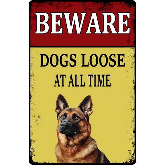 Beware Dogs Loose Belgian Malinois 8"x12" Tin Warning Sign, Belgian Malinois Metal Sign, Bar Cafe Backyard Patio Outdoor Wall Decor