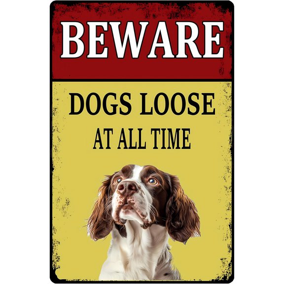 Beware Dogs Loose English Springer 8"x12" Tin Warning Sign, Springer Metal Sign, Bar Cafe Backyard Patio Outdoor Wall Decor, Pet Security Sign