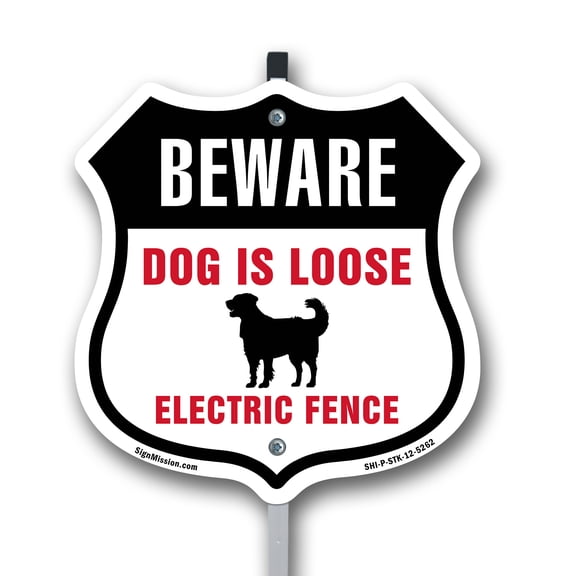 Beware Dogs Are Loose Invisible Fence 12 inch X 12 inch Shield Shaped Rust-Free Aluminum Metal Sign with Aluminum Mounting Stake Weather Resistant Made in the USA