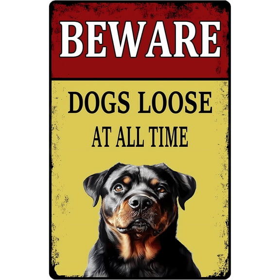Beware Dogs Loose Rottweiler 8"x12" Tin Warning Sign, Rottweiler Metal Sign, Bar Cafe Backyard Patio Outdoor Wall Decor, Pet Security Sign