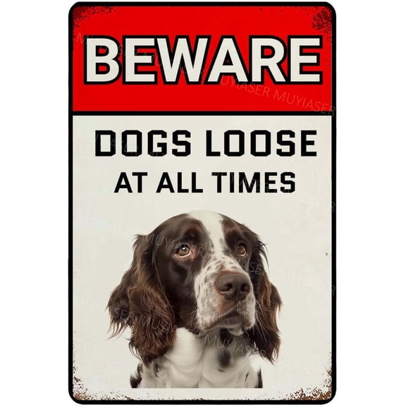 Beware Of Dogs Loose At All Time Sign English Springer Warning Sign Aluminum Metal Tin Signs Outdoor Yard Sign Warning Sign For Fence Yard Home Kitchen Farm Garden Wall Decor 8x12 Inch