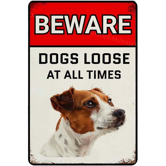 Beware Of Dogs Loose At All Time Sign Jack Russell Warning Sign Aluminum Metal Tin Signs Outdoor Yard Sign Warning Sign For Fence Yard Home Kitchen Farm Garden Wall Decor 8x12 Inch