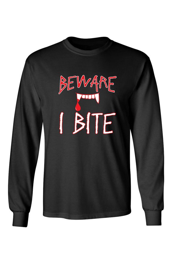 Beware I Bite Sarcastic Novelty Gift Idea Adult Humor Funny Men's Long Sleeve Shirts