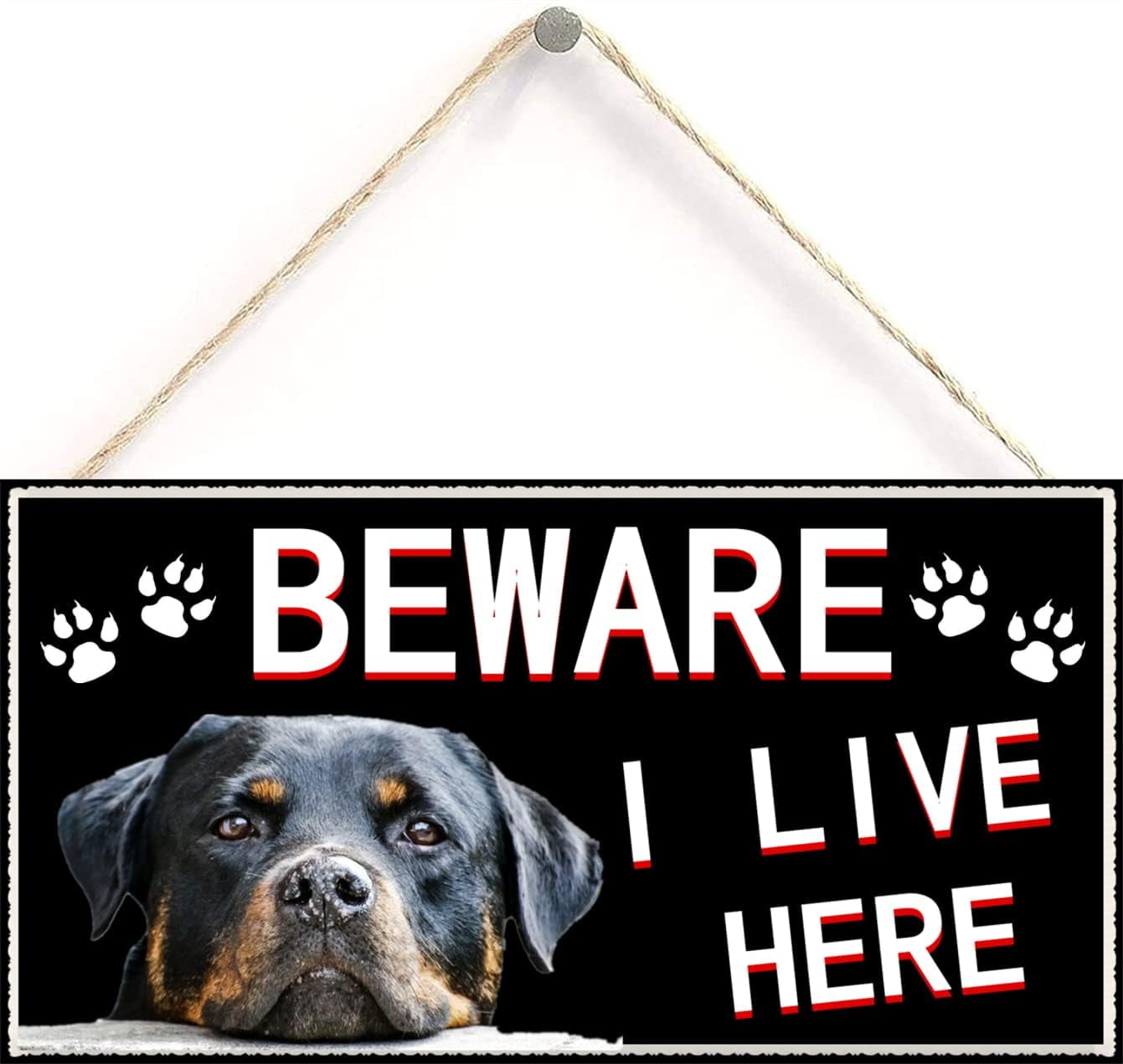 Beware I Live Here Rottweiler Hanging Outdoor Dog Warning Sign Gate 