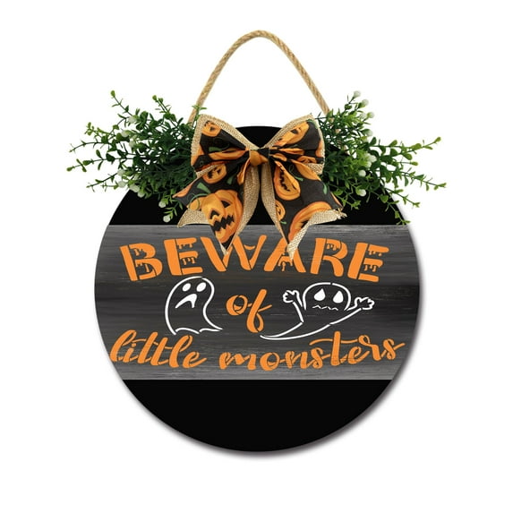 Beware Of Little Monsters Sign Front Door Porch Decorations, Round Rustic Wood Hanging Sign for Farmhouse Porch Outdoor Home Holiday Front Door Sign Decor