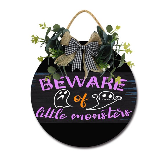 Beware Of Little Monsters Sign Front Door Porch Decorations, Round Rustic Wood Hanging Sign for Farmhouse Porch Outdoor Home Holiday Front Door Sign Decor