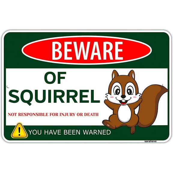 Beware Metal Tin Sign - Funny Squirrel Sign Gifts for Lovers - Wall Decor, Squirrel House Picnic Table Feeder - Aluminum - 8 X 12 Inch