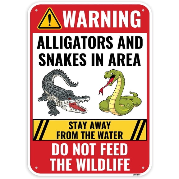 Beware Of Alligators And Snakes Sign, 12 x 8 Inches - Aluminum - Caution Warning Wildlife Sign/Without a frame