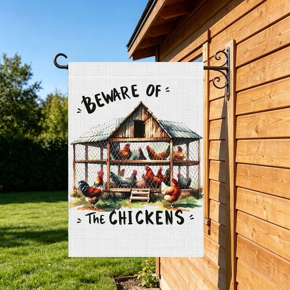 Beware Of Chickens Chicken Coop Rustic Double Sided Garden Flag, 12x18 Inch, Yard Porch Gift for Chicken Lovers, No Flagpole