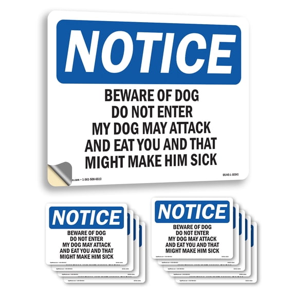 Beware Of Dog Do Not Enter My Dog May Attack OSHA Notice Vinyl Decal Label 10 Inch x 7 Inch - 10 Pack