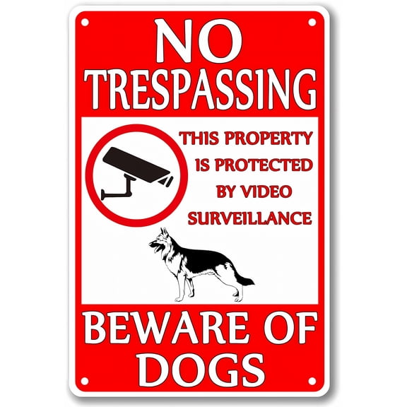 Beware Of Dog No Trespassing 8"x12" Sign, Guard Dog On Duty, Property Protected by Video Surveillance, Metal Tin Sign, Outdoor Yard Decor