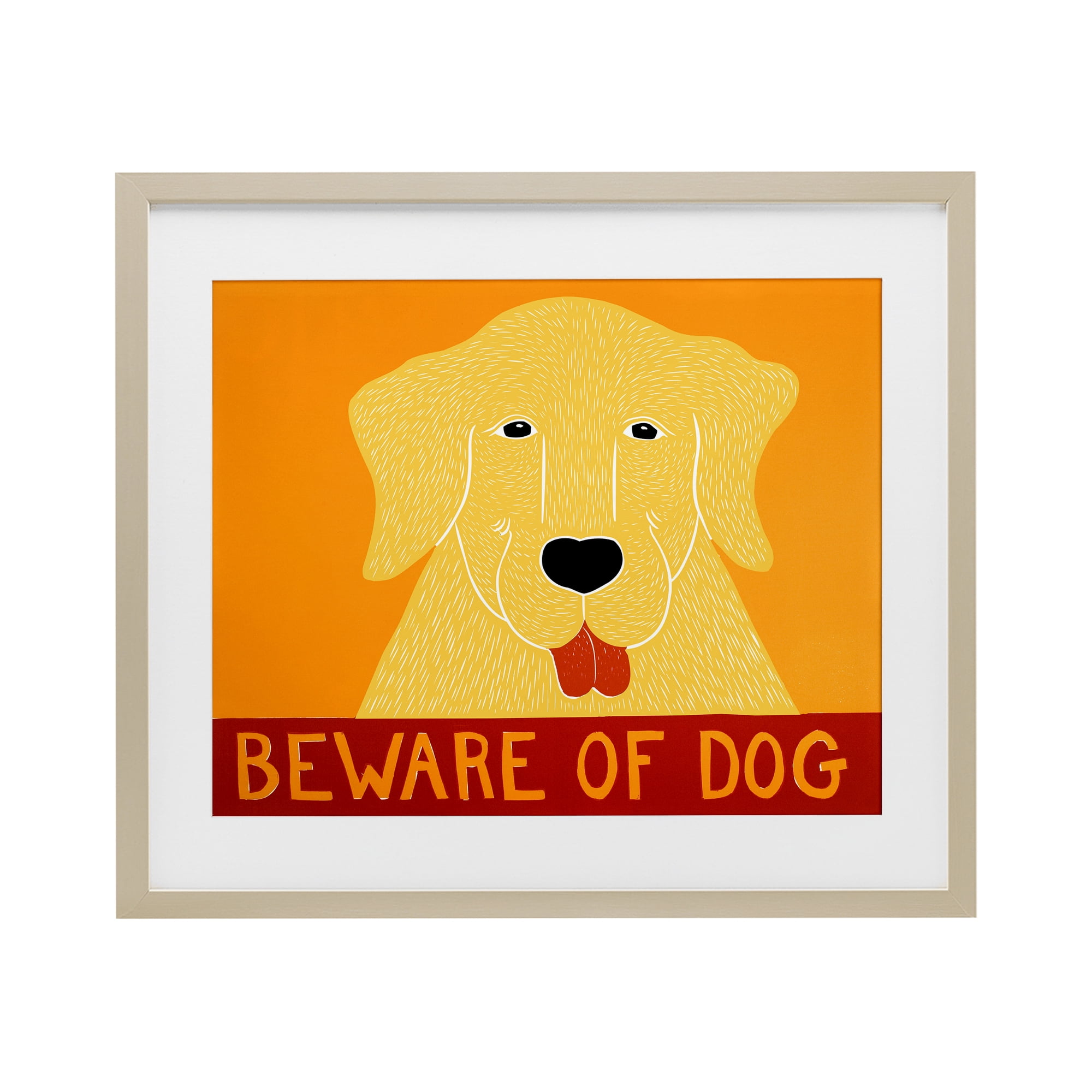 Beware Of Dog Yellow & Red Birch Framed Print Under Glass, design by Stephen Huneck