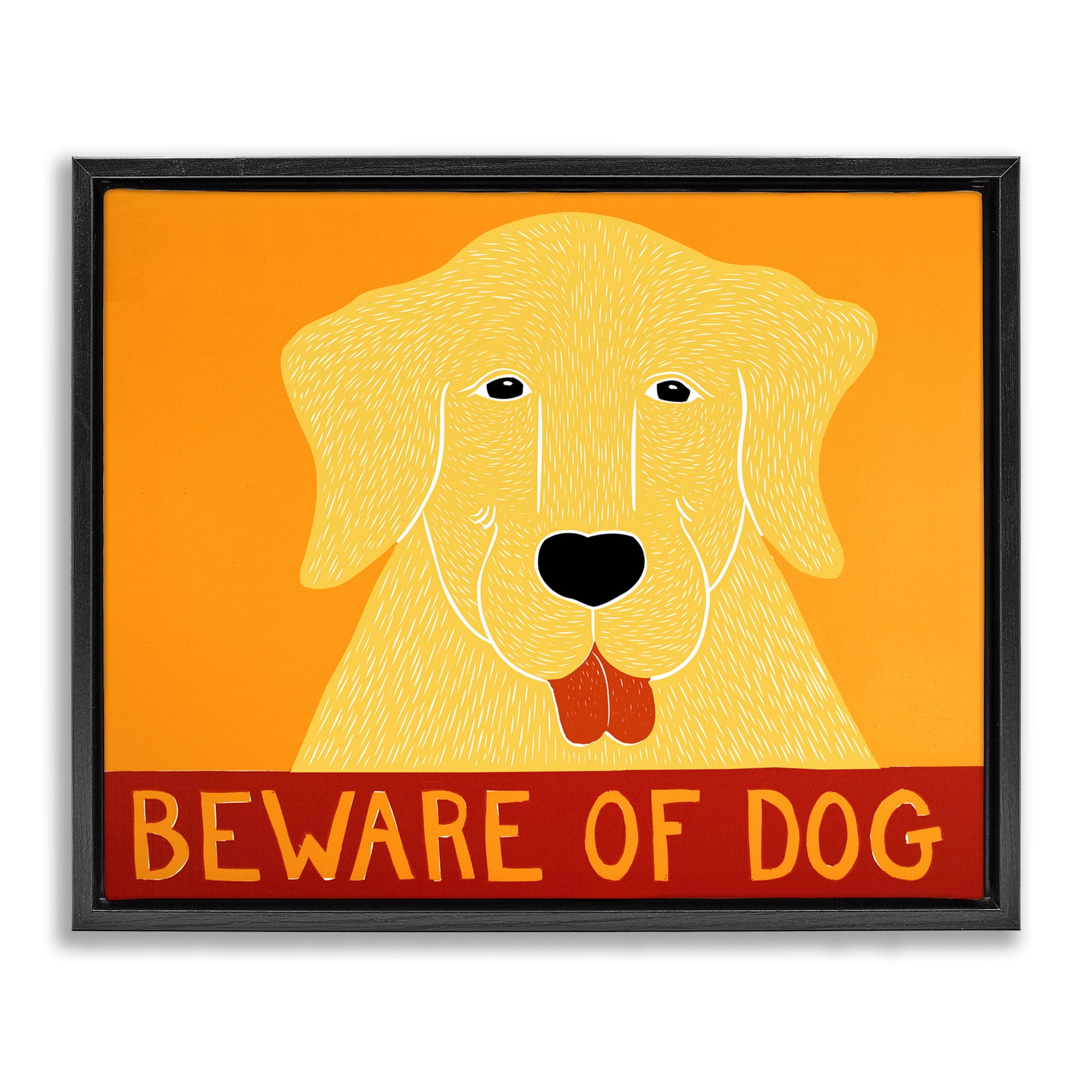 Beware Of Dog Yellow & Red Black Framed Floater Canvas Wall Art, design by Stephen Huneck