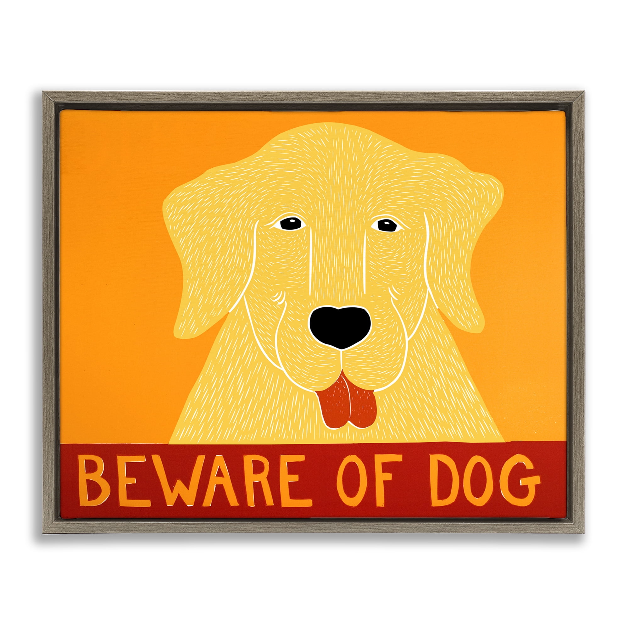 Beware Of Dog Yellow & Red Brown Framed Floater Canvas Wall Art, design by Stephen Huneck