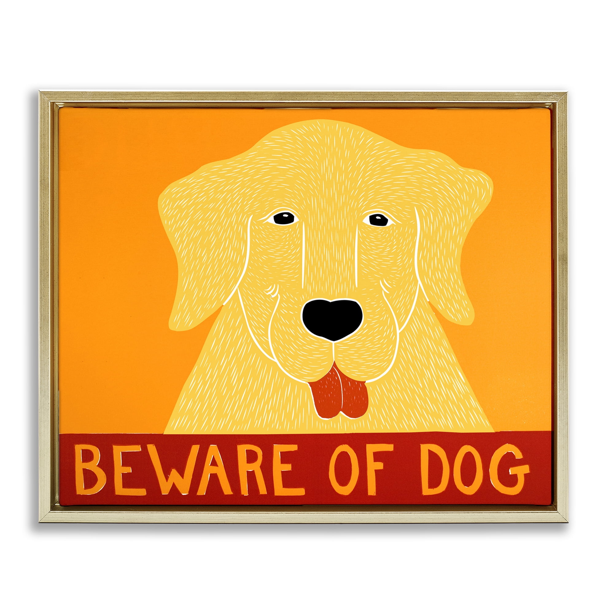 Beware Of Dog Yellow & Red Gold Framed Floater Canvas Wall Art, design by Stephen Huneck