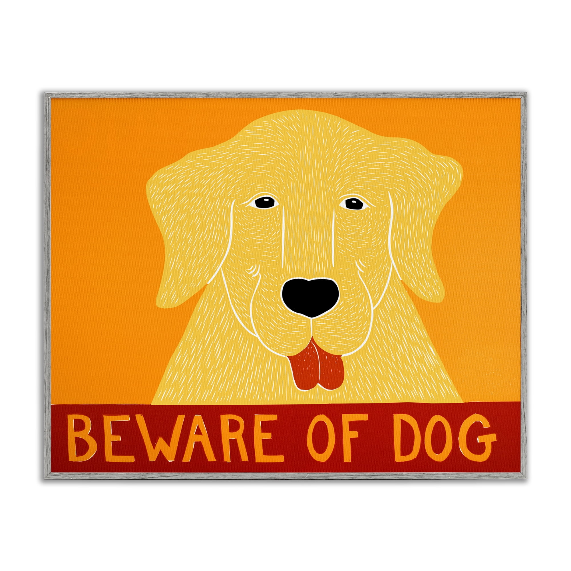 Beware Of Dog Yellow & Red Gray Framed Giclee Art, design by Stephen Huneck