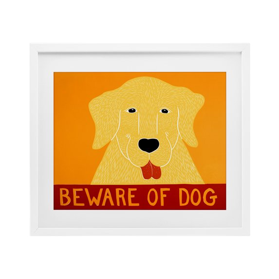 Beware Of Dog Yellow & Red White Framed Print Under Glass, design by Stephen Huneck
