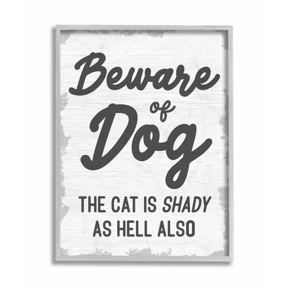 Beware Of Dog and Shady Cat Funny Pet Word Design Gray Farmhouse Rustic Framed Giclee Texturized Art by Daphne Polselli