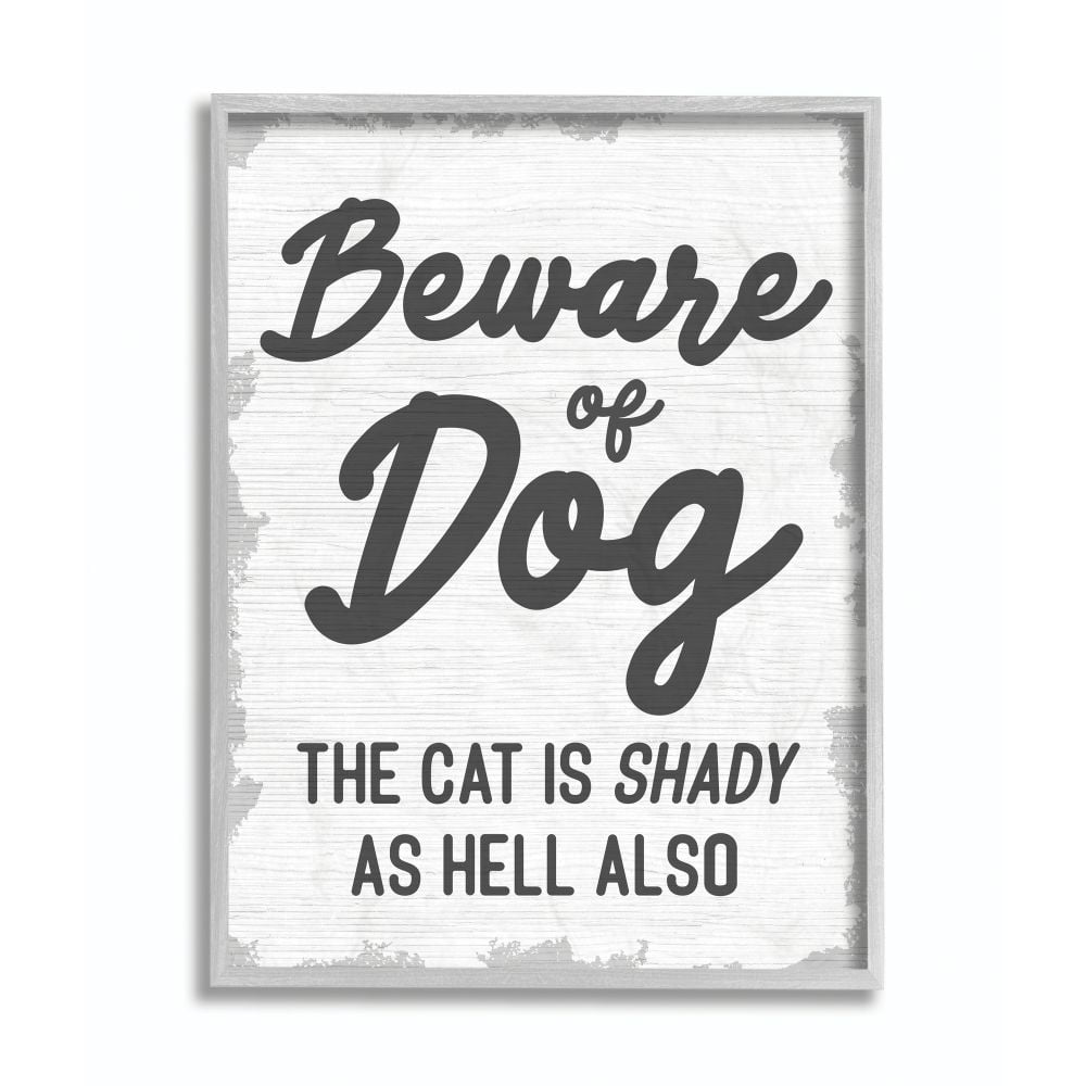 Beware Of Dog and Shady Cat Funny Pet Word Design Gray Farmhouse Rustic Oversized Framed Giclee Texturized Art by Daphne Polselli
