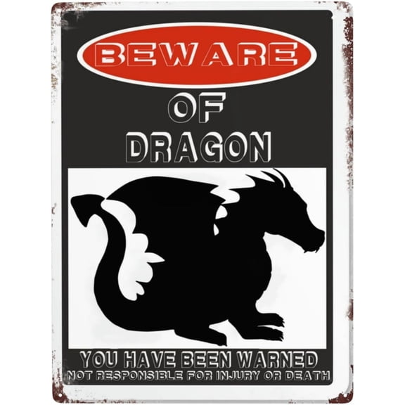 Beware Of Dragon Sign,12"x8" Rust Free Beware Of Dragon Warning Signs, Pre-Drilled Holes For Easy Mounting Outdoor Use For Fence Door Or Gate
