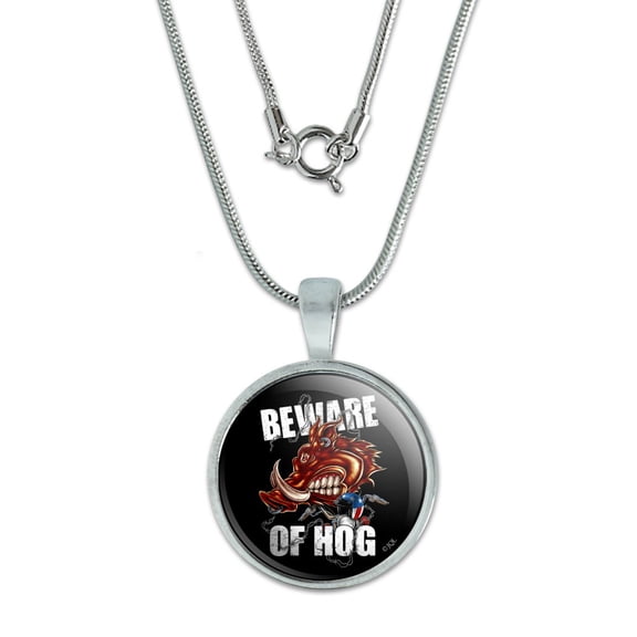 Beware Of Hog Biker Motorcycle Chopper 0.75" Pendant with Sterling Silver Plated Chain