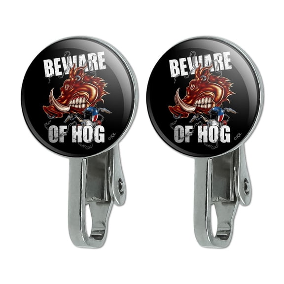 Beware Of Hog Biker Motorcycle Chopper Novelty Clip-On Stud Earrings