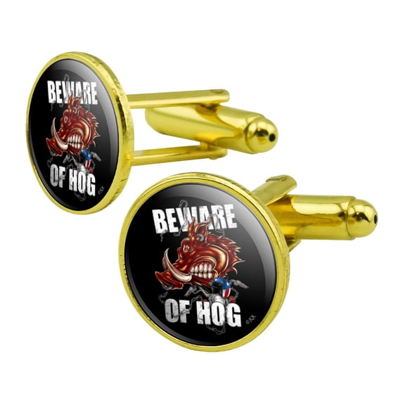 Beware Of Hog Biker Motorcycle Chopper Round Cufflink Set Gold Color