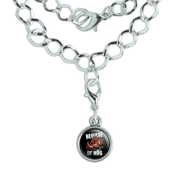 Beware Of Hog Biker Motorcycle Chopper Silver Plated Bracelet with Antiqued Charm
