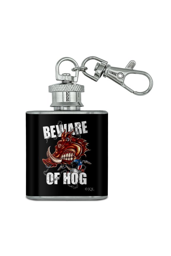 Beware Of Hog Biker Motorcycle Chopper Stainless Steel 1oz Mini Flask Key Chain